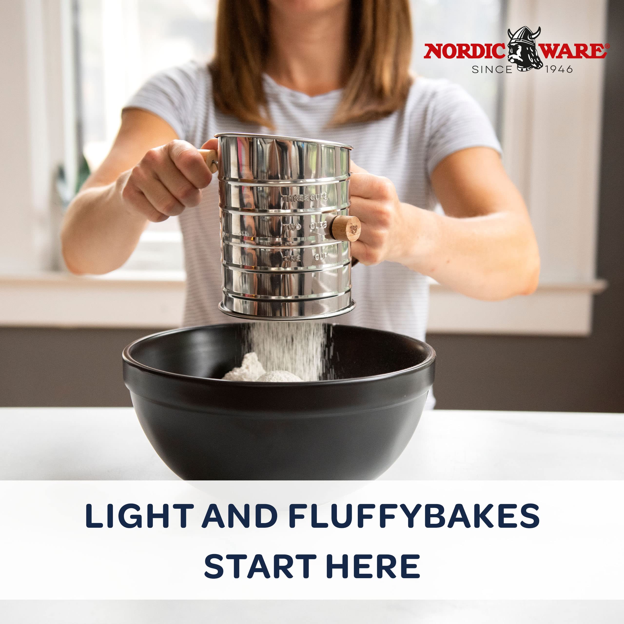 Nordic Ware flour sifter features 3-cup capacity for medium batches