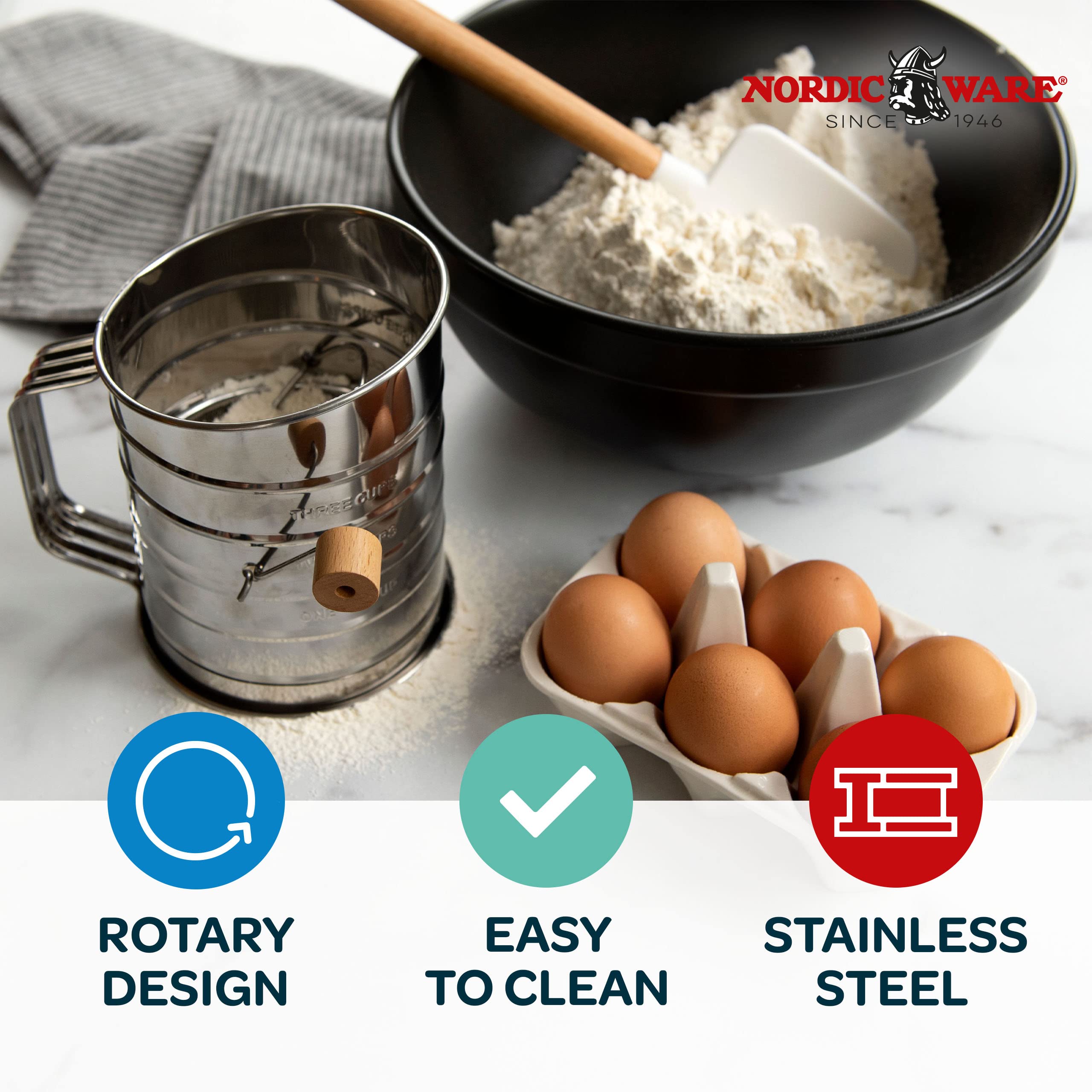 Nordic Ware flour sifter in stainless steel body for lasting durability