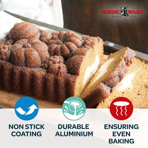 Nordic Ware Harvest Bounty Loaf Pan in use shows stable bake and easy release.