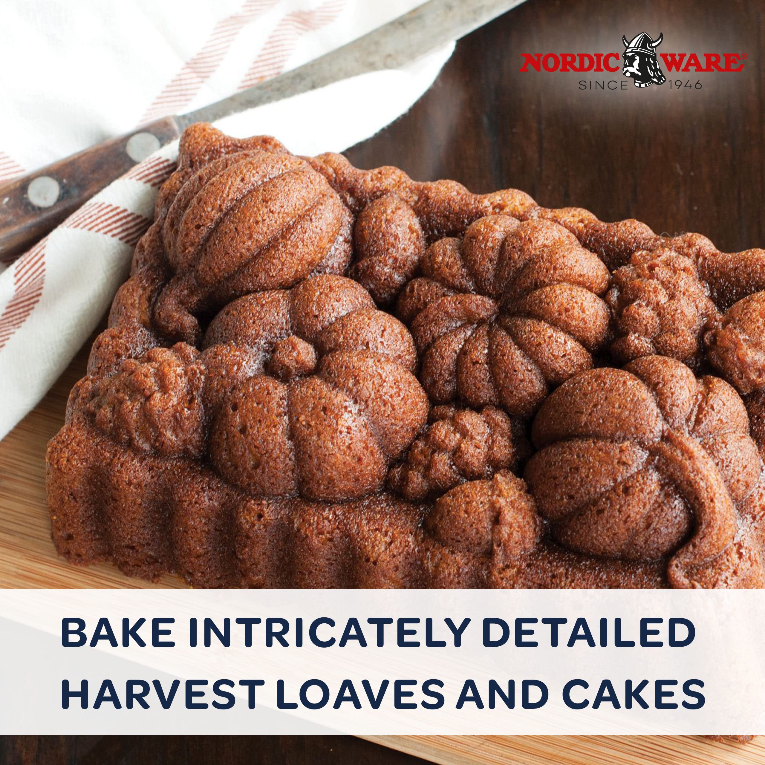 Nordic Ware Harvest Bounty Loaf Pan crust close-up reveals crisp texture and detail.