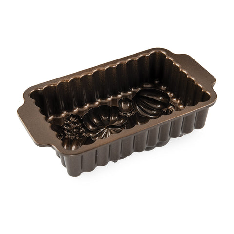 Nordic Ware Harvest Bounty Loaf Pan dimensions reveal the 10.1 x 5.7 x 3.2 inch size.