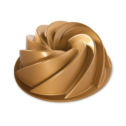 Nordic Ware Heritage Bundt Pan gold top view for even browning and intricate detail.