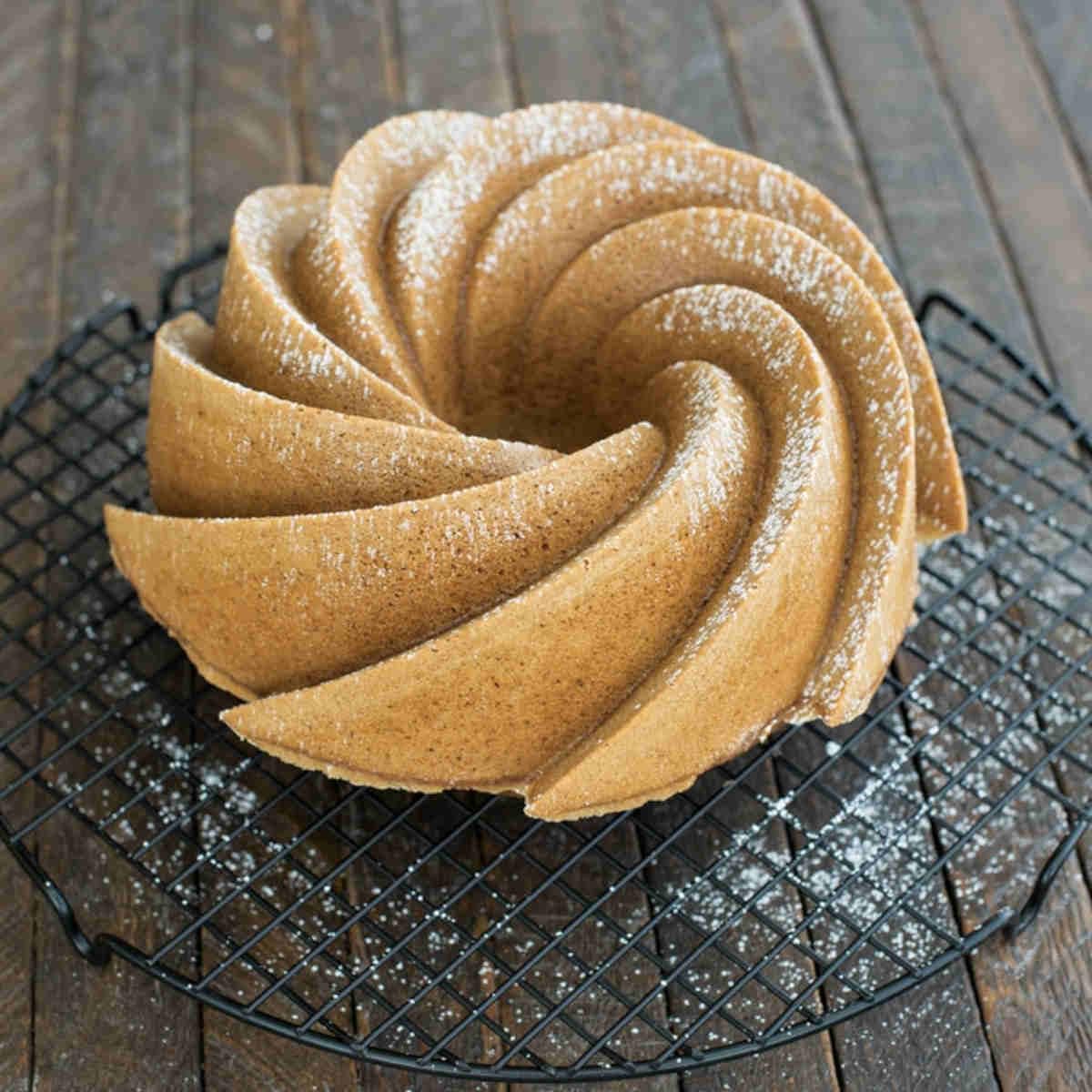 Nordic Ware Heritage Bundt Pan swirl detail close-up showcasing sculptural design.