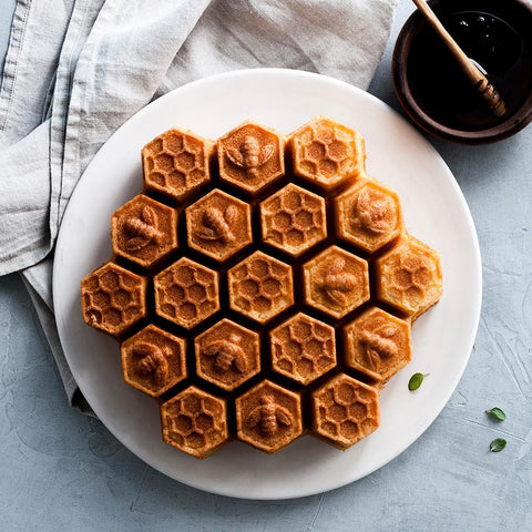 Nordic Ware honeycomb pull-apart pan cakelets detail reveals crisp edges for elegant dessert plating.