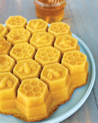 Nordic Ware honeycomb pull-apart pan in oven during bake for uniform browning and pattern clarity.