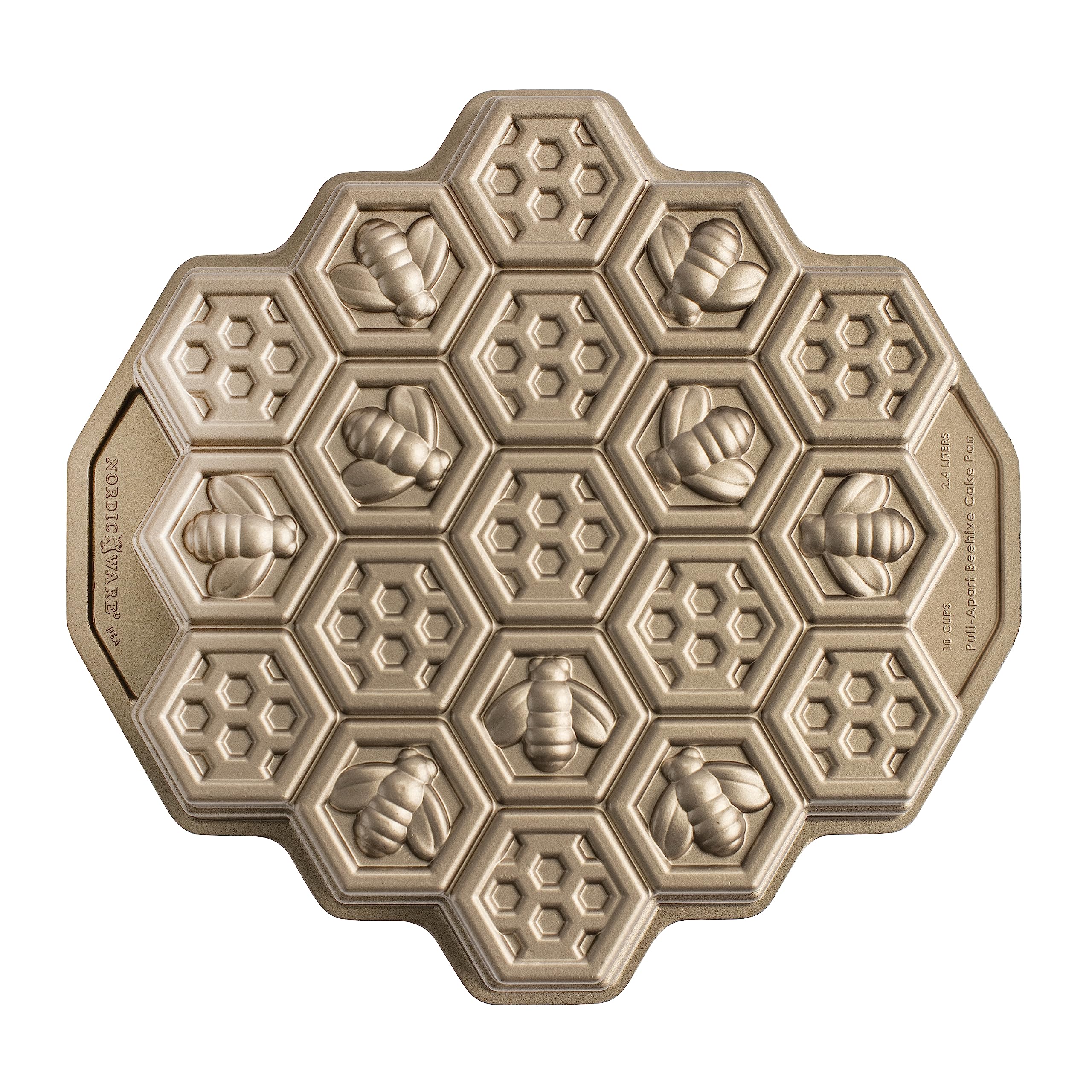 Nordic Ware honeycomb pull-apart pan top view shows 10-cup capacity for precise cakelets and even browning.