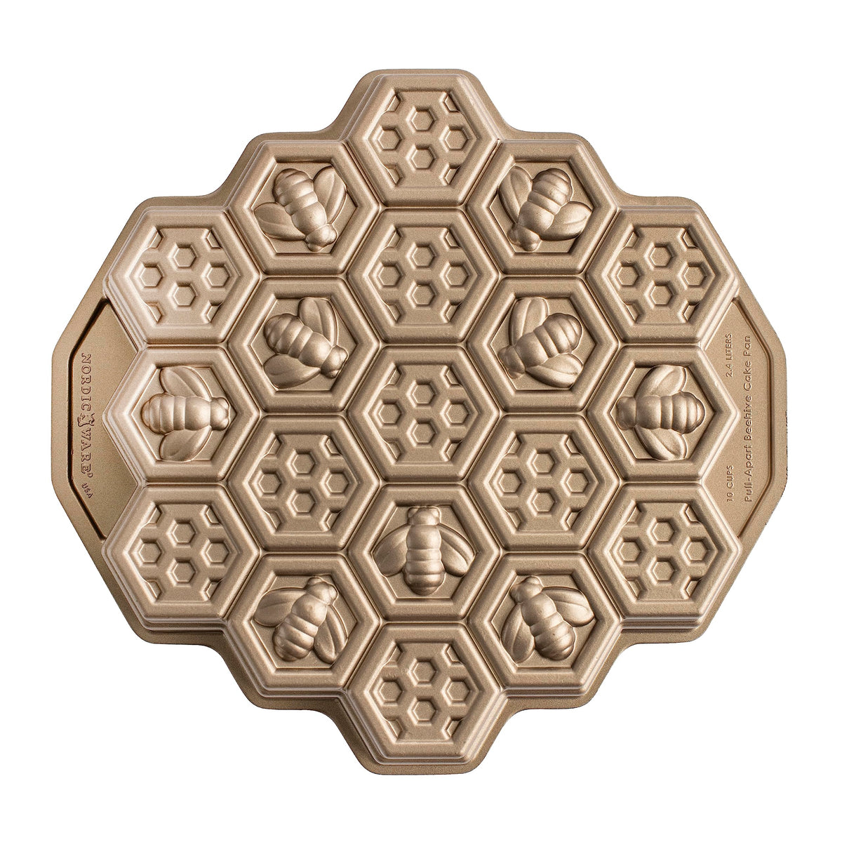 Nordic Ware honeycomb pull-apart pan top view shows 10-cup capacity for precise cakelets and even browning.