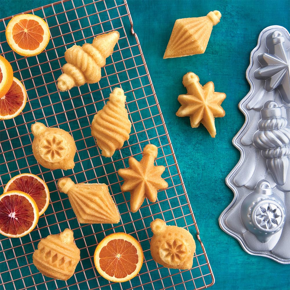 Nordic Ware silver-finish pan delivers festive flair and even browning on ornament shapes.