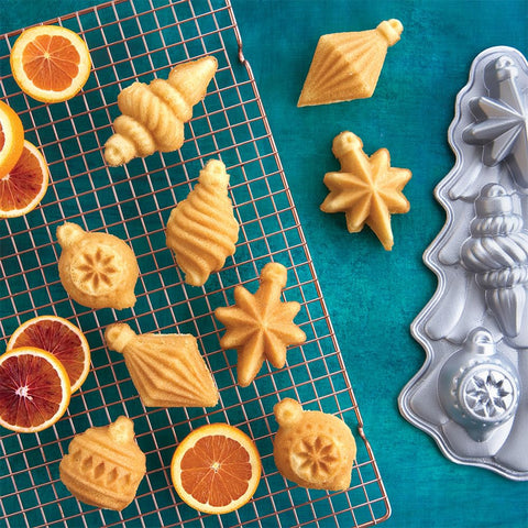 Nordic Ware silver-finish pan delivers festive flair and even browning on ornament shapes.