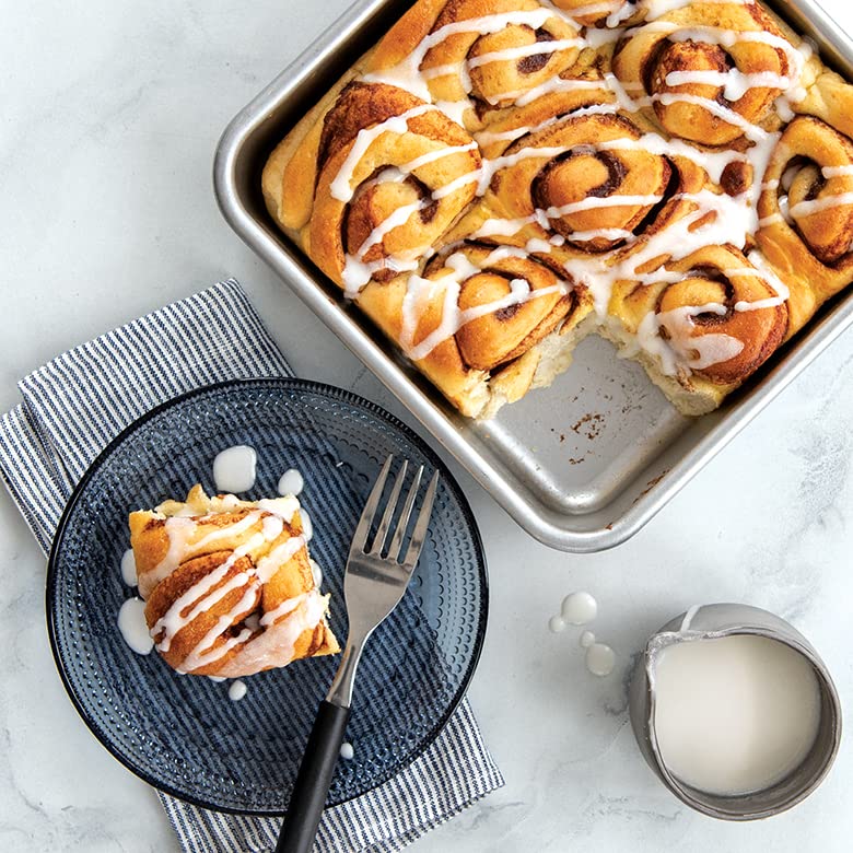 Nordic Ware square pan with encapsulated steel rim prevents warping during baking.