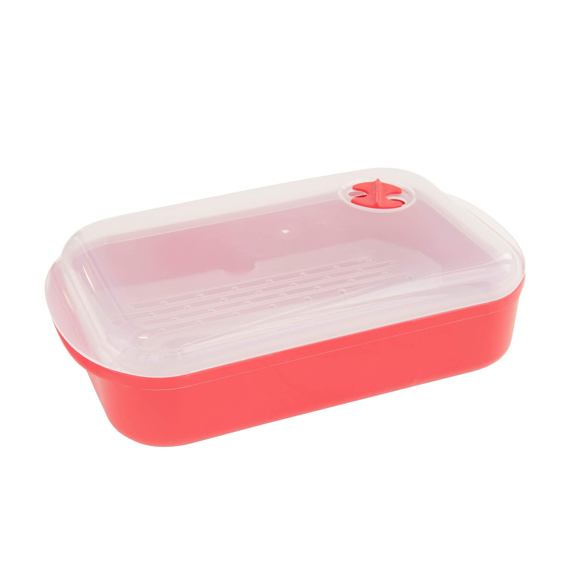 Nordic Ware Steam Cooker lid-vent enables controlled steam release for moist meals.