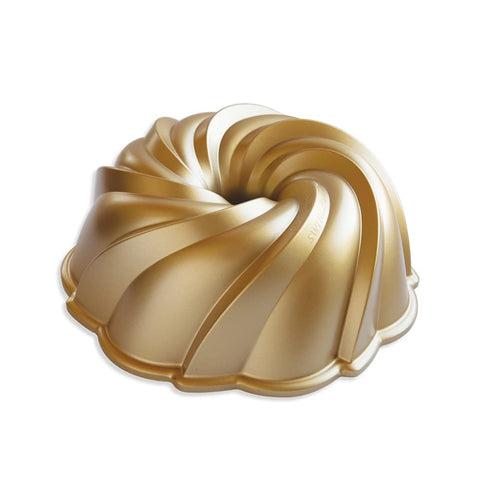 Nordic Ware Swirl Bundt Pan 10-Cup Gold with intricate swirl pattern for eye-catching desserts