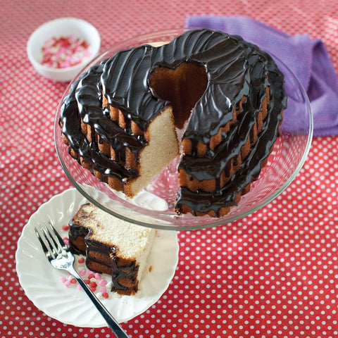 Nordic Ware Tiered Heart Bundt pan easy release visible on nonstick surface.
