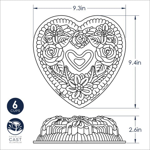 Nordic Ware Wildflower Heart Bundt pan silicone nonstick ensures smooth batter release.