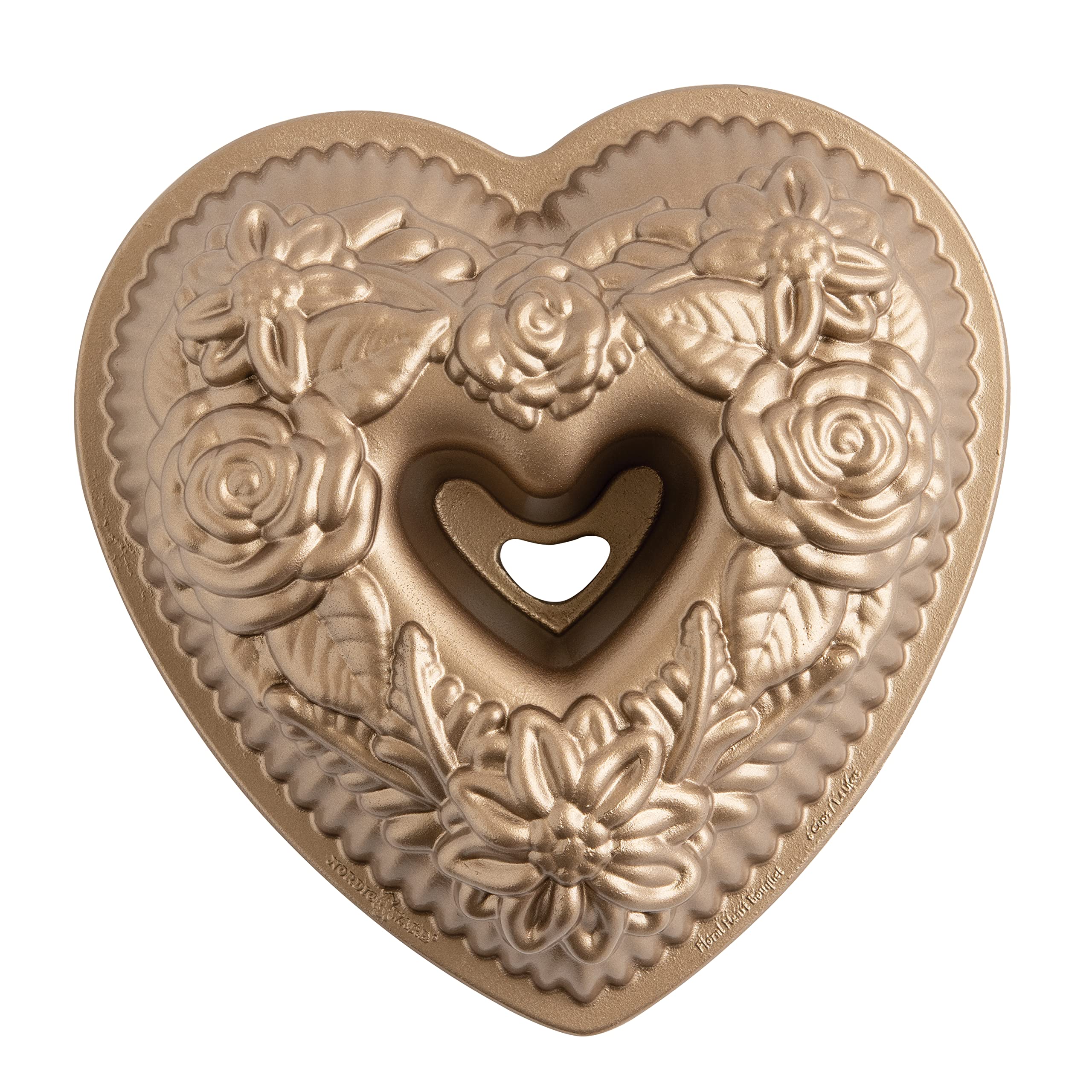 Nordic Ware Wildflower Heart Bundt pan top view highlights detailed floral design.