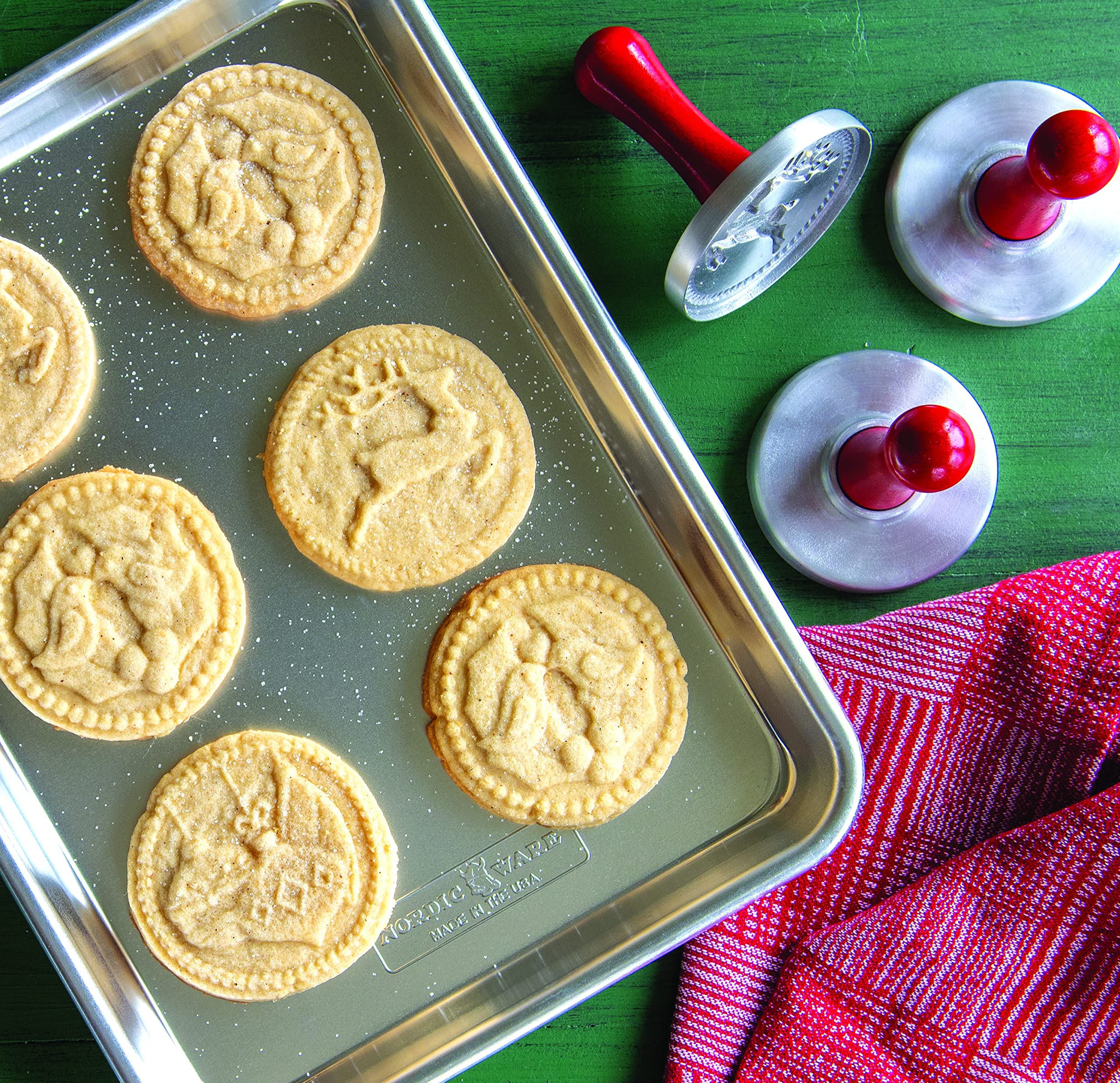 Close-up of embossed holiday design on cookie using Nordic Ware