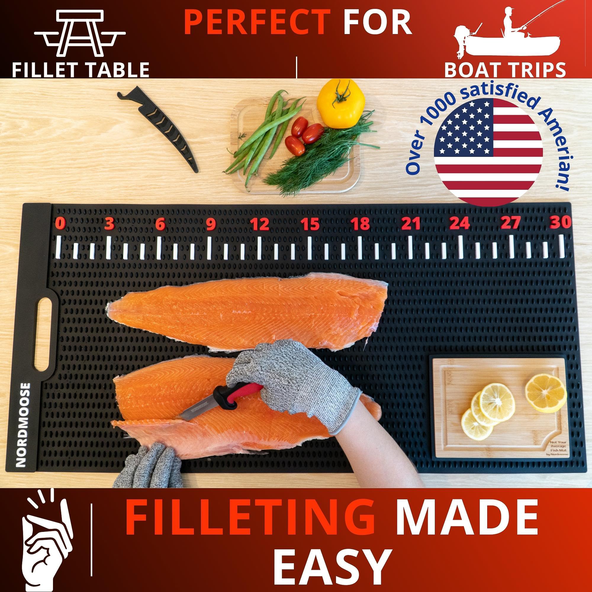 Nordmoose fish boat and shore use keeps filleting clean anywhere.