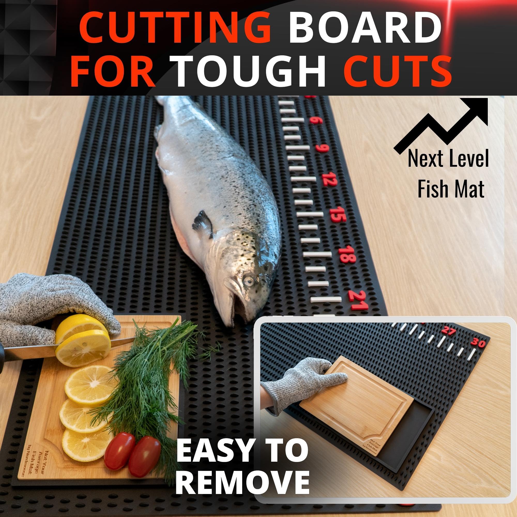 Nordmoose fish cutting board integrated bamboo area for stable, precise cuts.