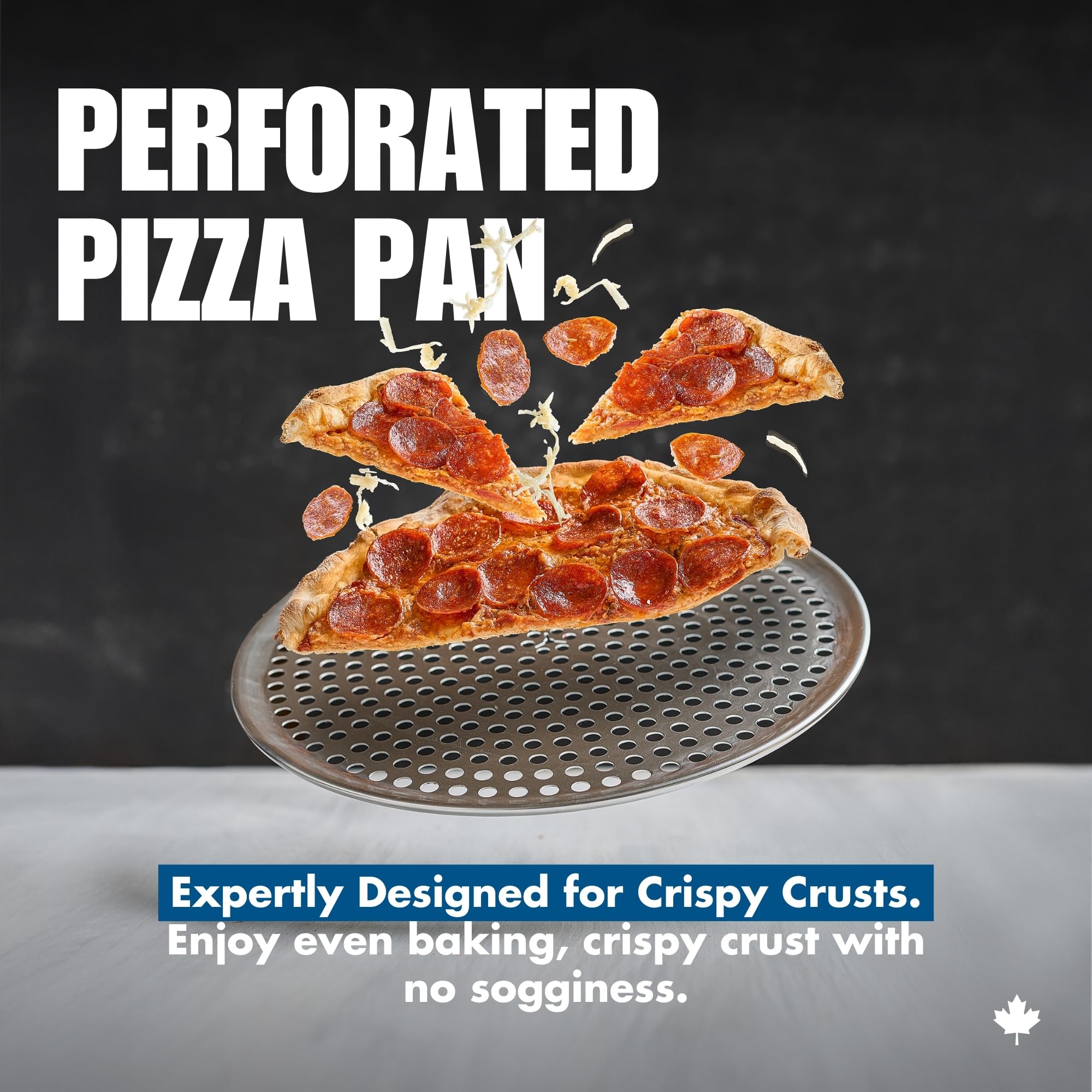Norjac heavy-duty aluminum pizza pan close-up shows sturdy perforations.