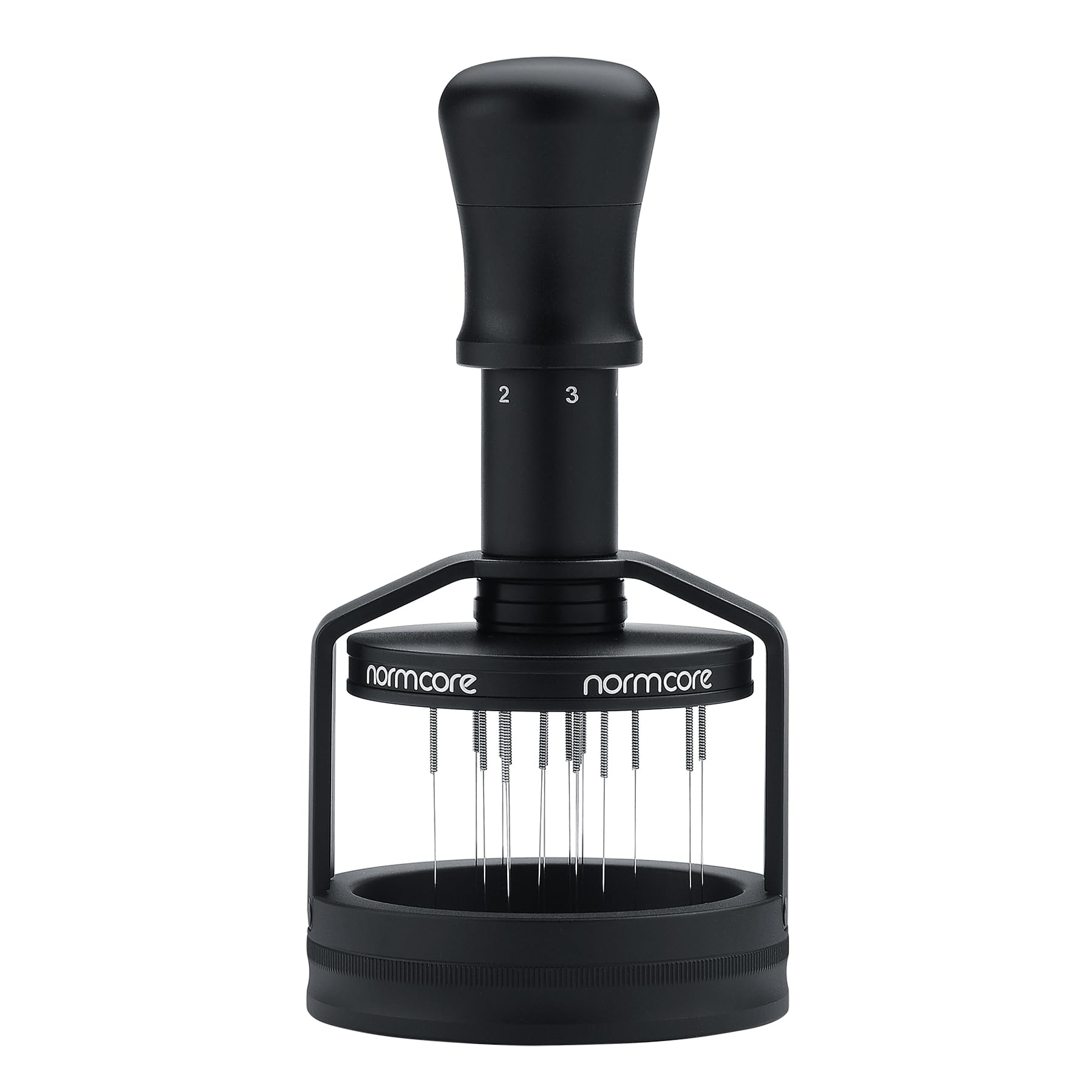 Normcore 16-concentric needles focus precision stirring to prevent clumps during tamping
