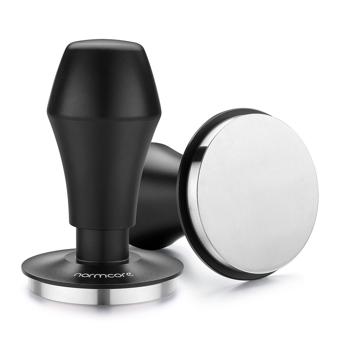 Normcore 53.3mm coffee tamper with click feedback enhances tamp consistency for uniform espresso.