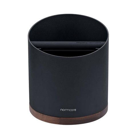 Normcore knock box with walnut base adds stylish stability to your station.