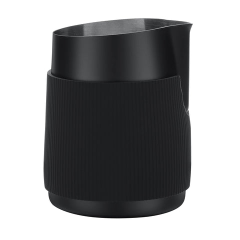 Normcore milk pitcher silicone grip offers secure control during steaming.