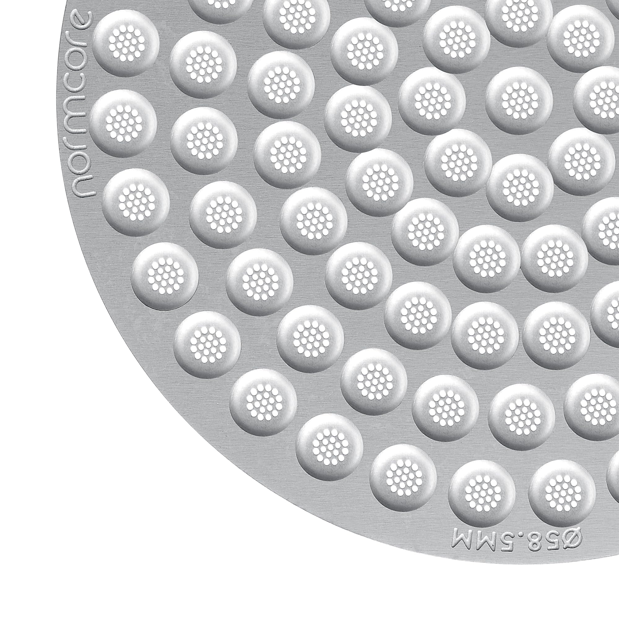 Normcore puck screen made of 316 stainless steel for durability and easy cleaning.