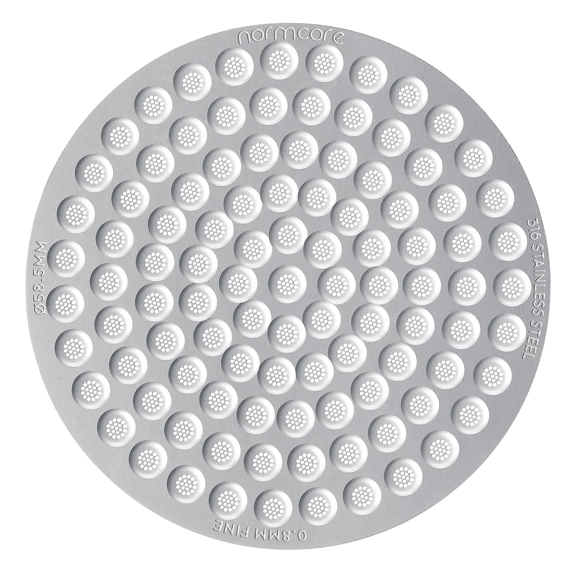 Normcore puck screen closeup emphasizes the 58.5mm edge for balanced extraction.