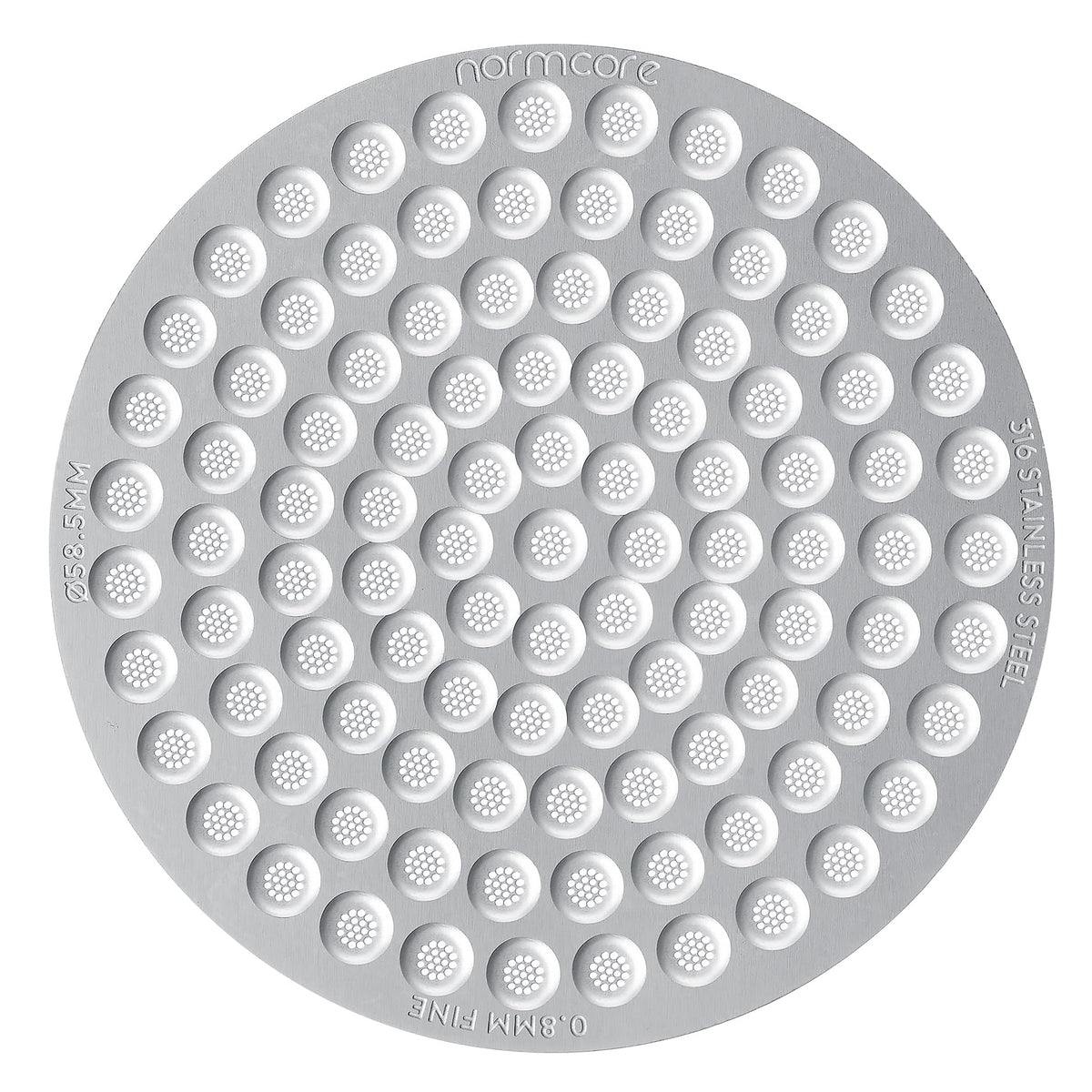 Normcore puck screen closeup emphasizes the 58.5mm edge for balanced extraction.