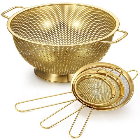Norme gold colander 4-quart with sturdy handles for fast, stable draining.