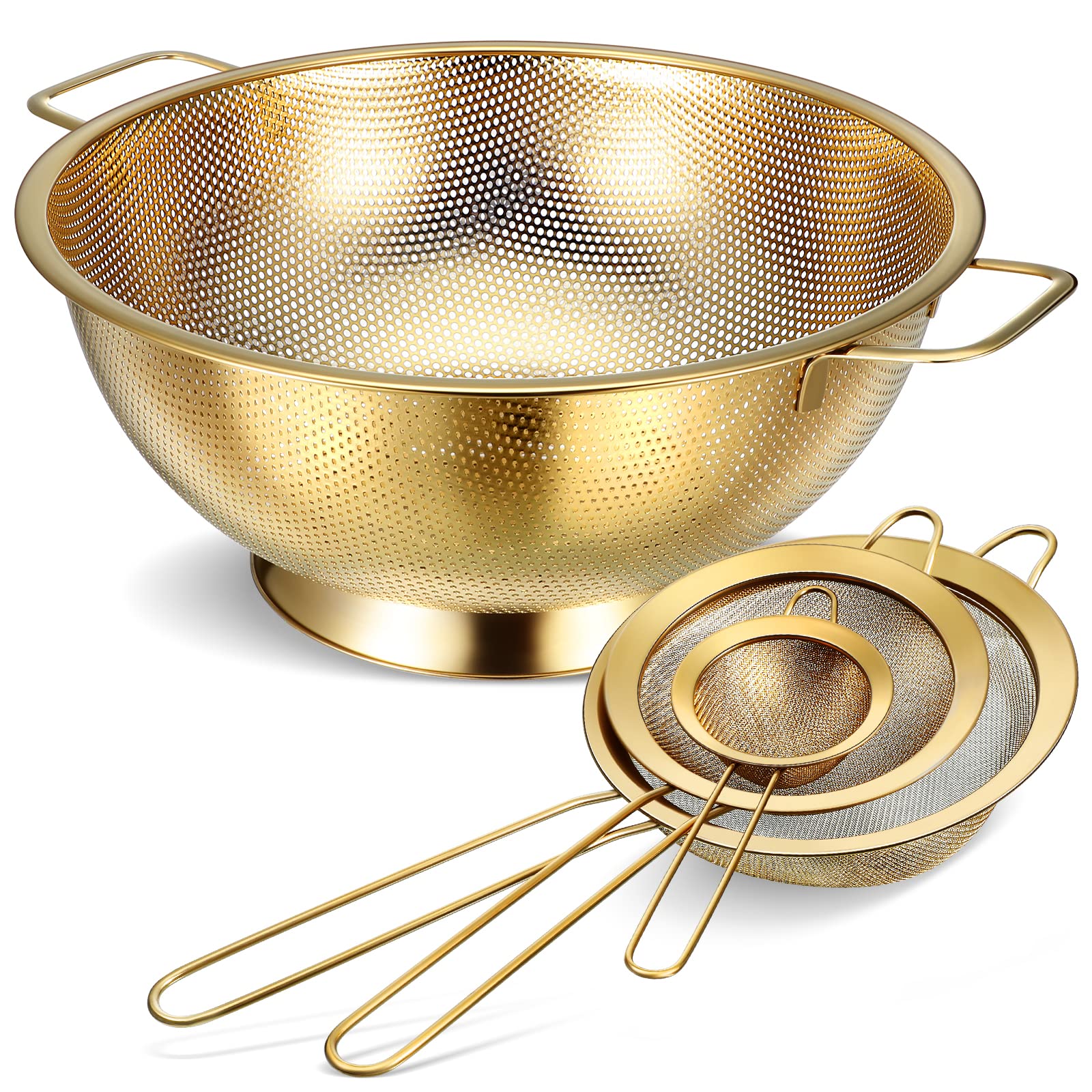 Norme gold colander 5-quart with handles for easy draining.