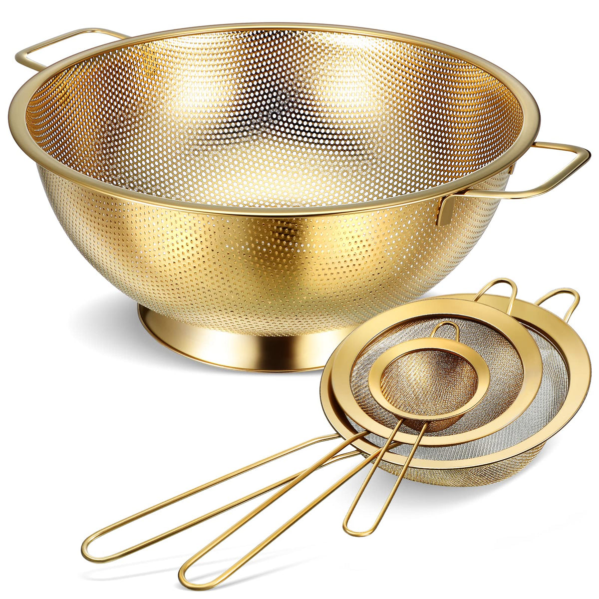 Norme gold colander 5-quart with handles for easy draining.
