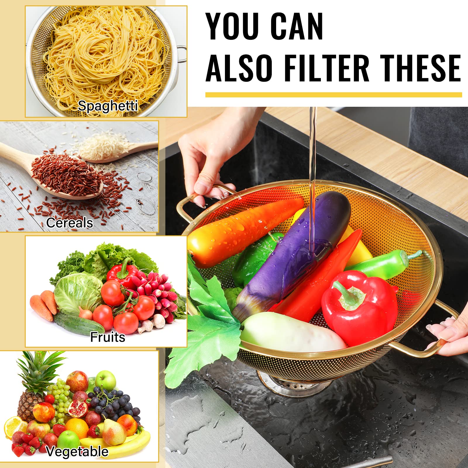 Norme gold colander with handle provides sturdy pour.