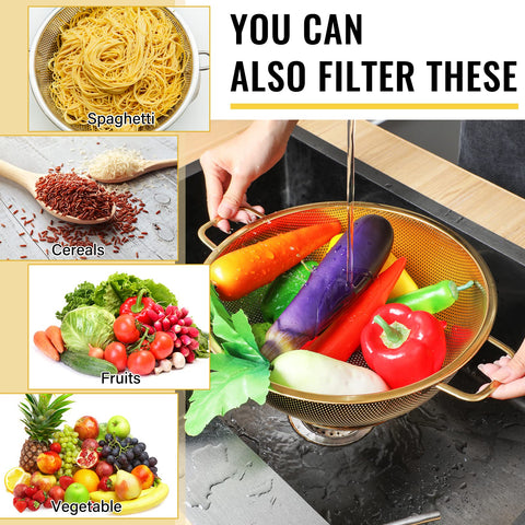 Norme gold colander with handle provides sturdy pour.