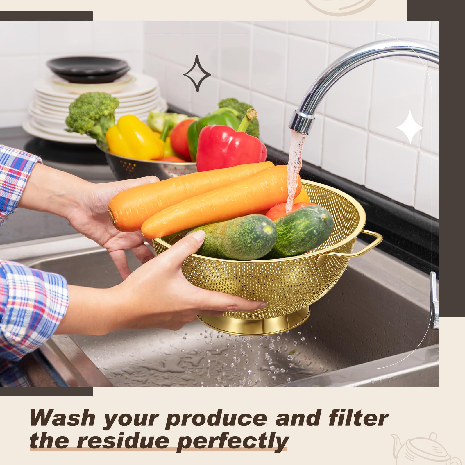 Norme gold colander with handles enables stable transfer from sink.