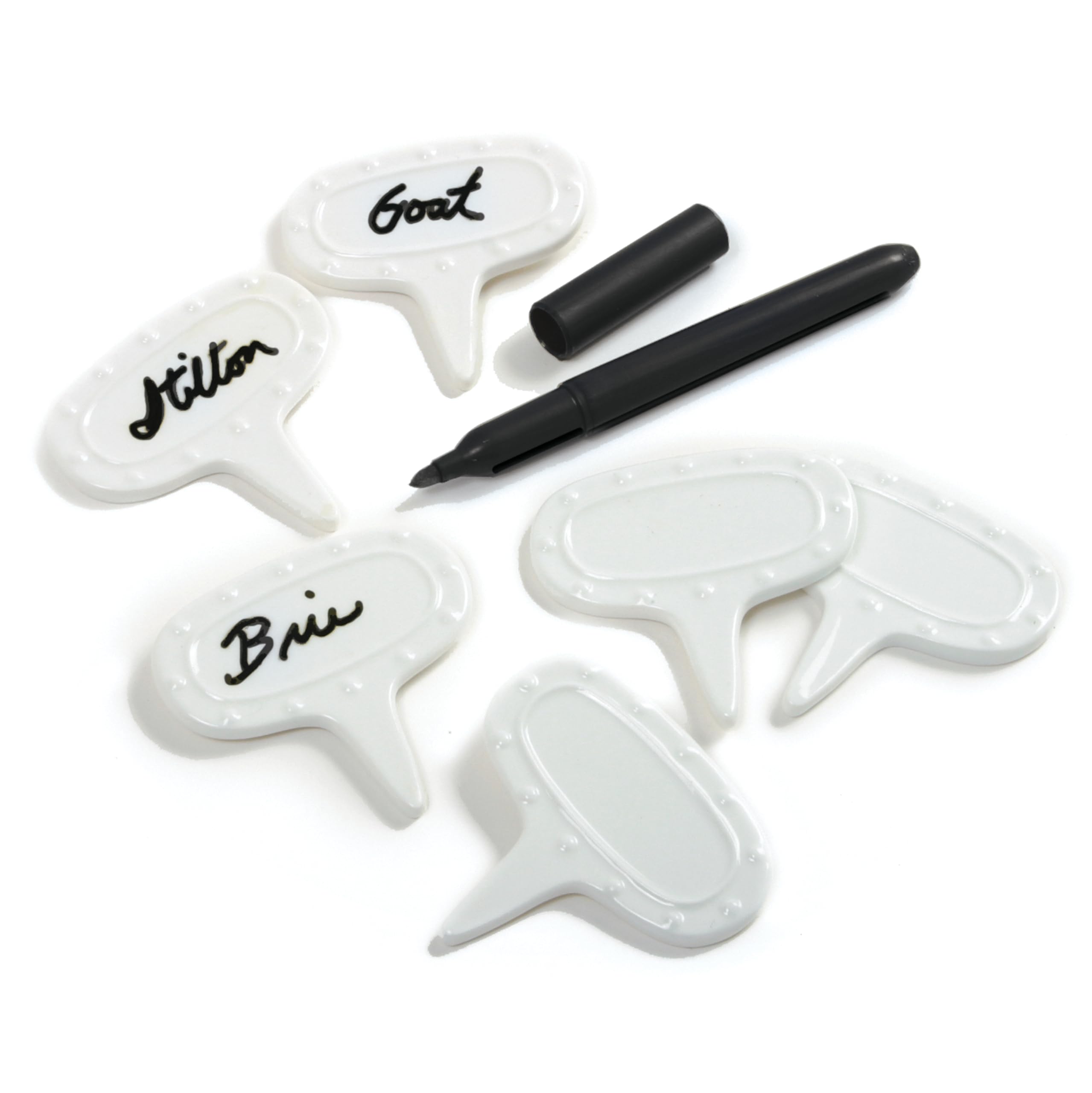 Norpro 347 cheese-marker-set pen and markers beside assorted cheeses for labeling