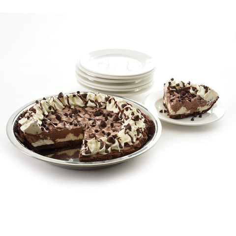 Norpro 3811 pie pan in oven shows 9-inch diameter and depth for precise baking.