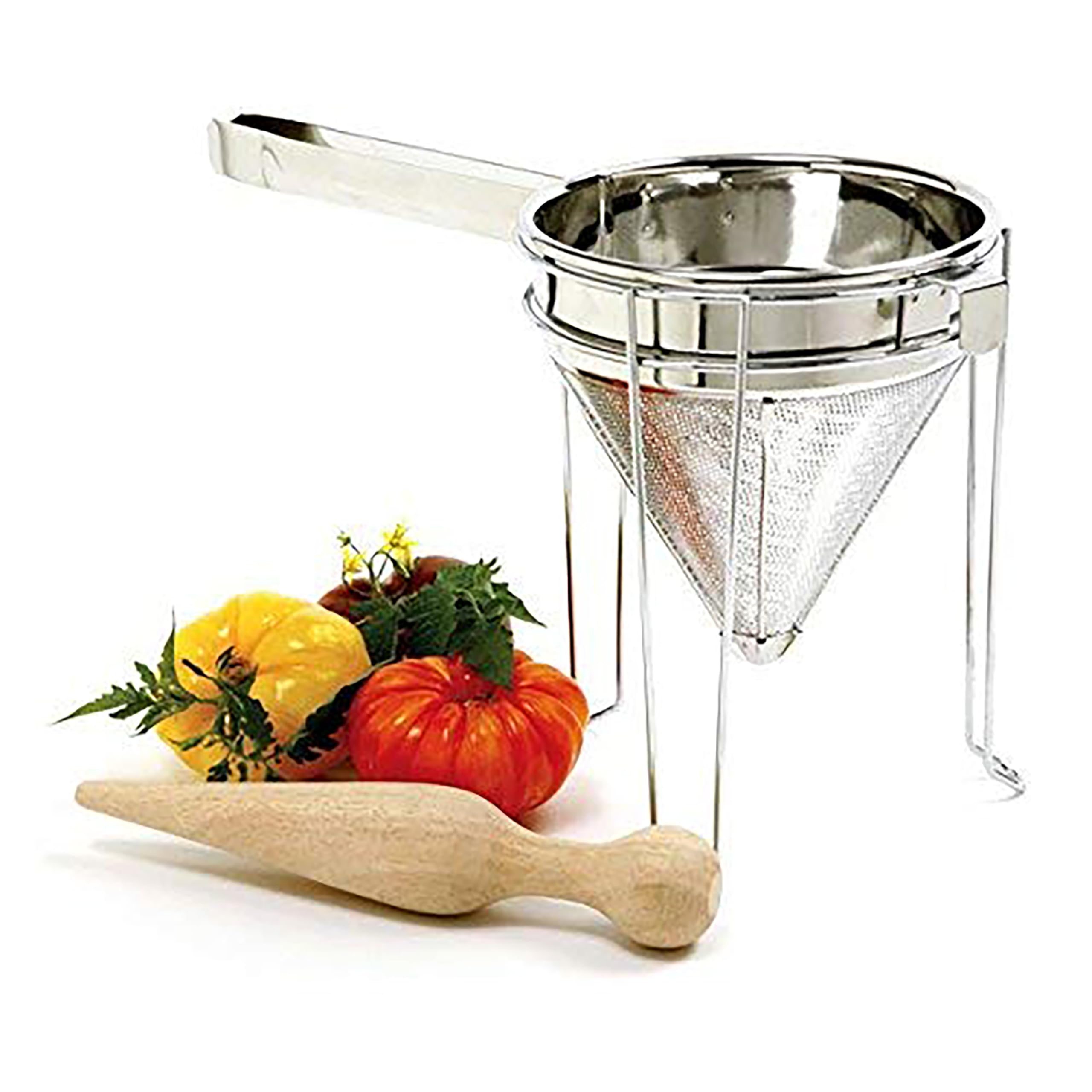 Norpro bouillon strainer shown in action over a pot