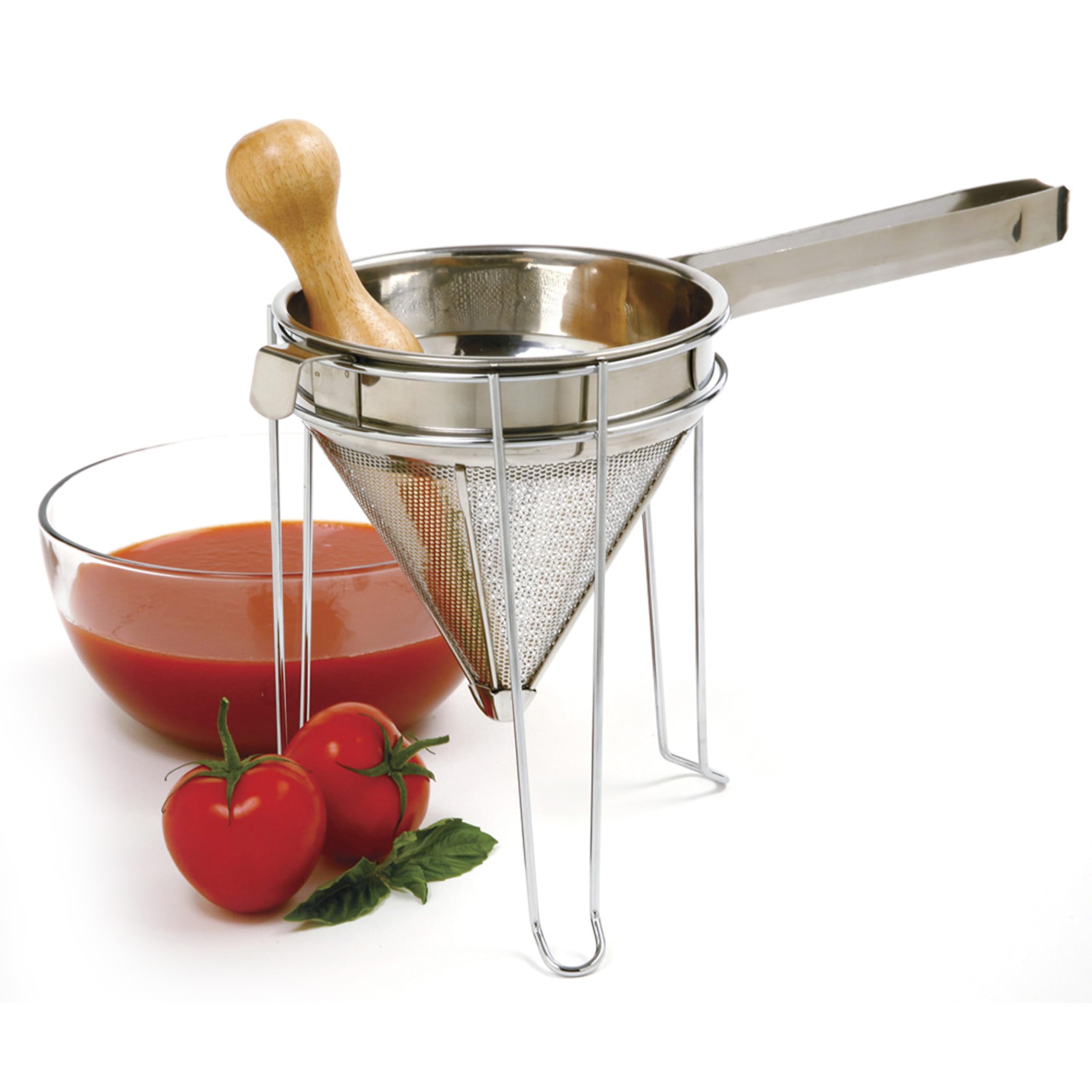 Norpro chromed steel stand supports pots during straining
