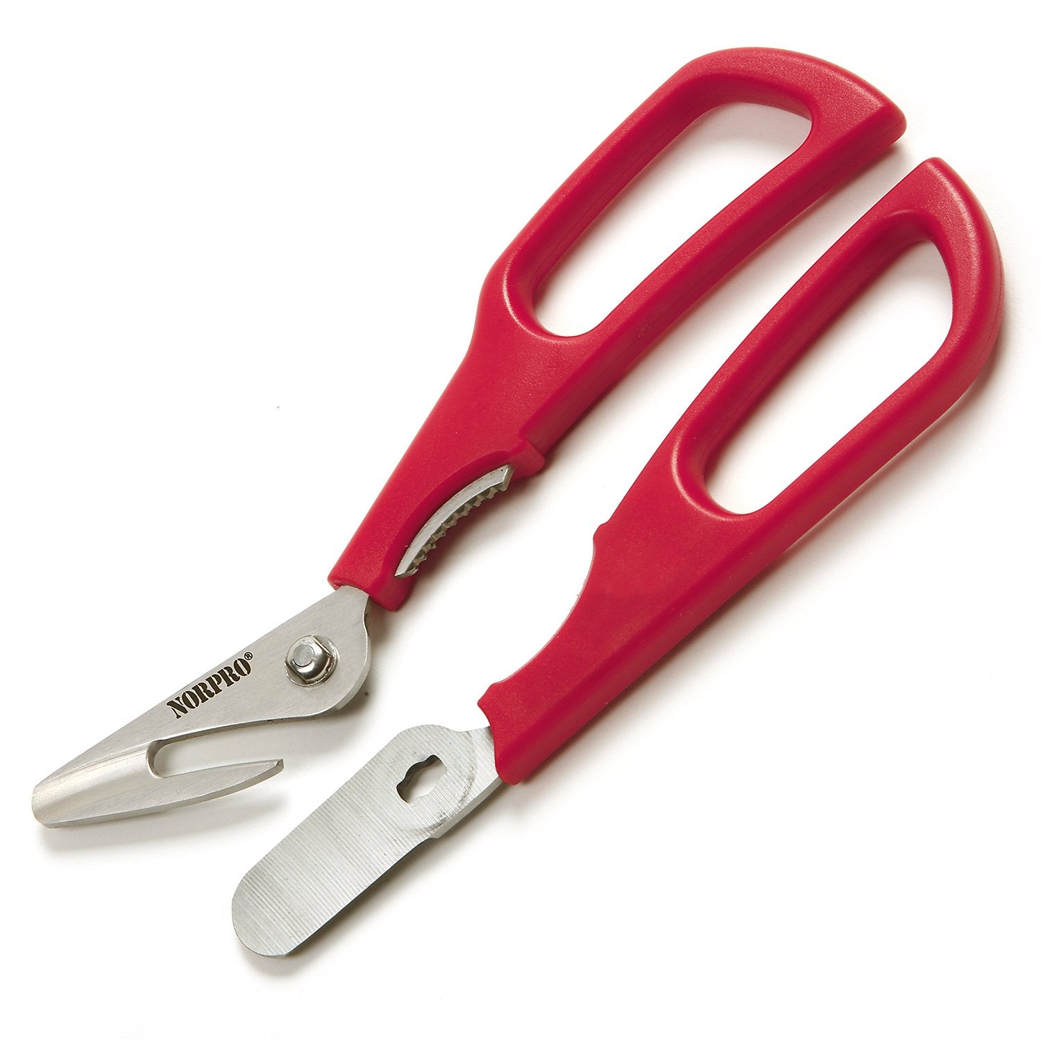 Norpro 6516 red seafood shears close-up of integrated grip for easy claw work.