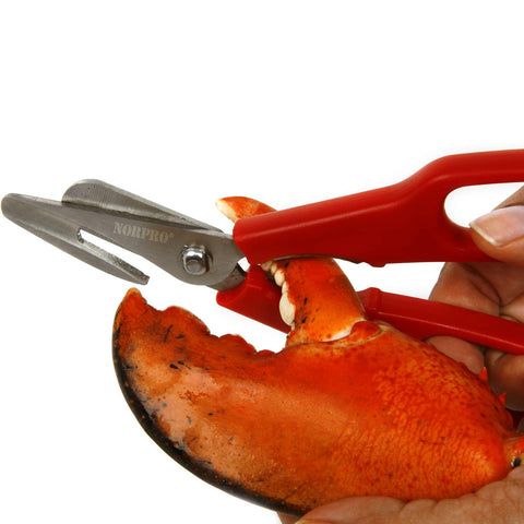Norpro 6516 red seafood shears cutting lobster tail toward you.