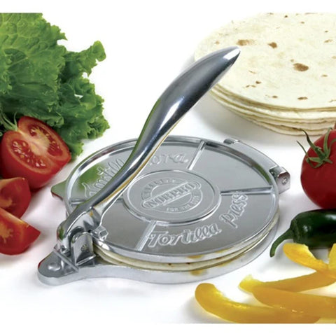 Norpro tortilla press lever in action delivering even-thickness tortillas with simple leverage.