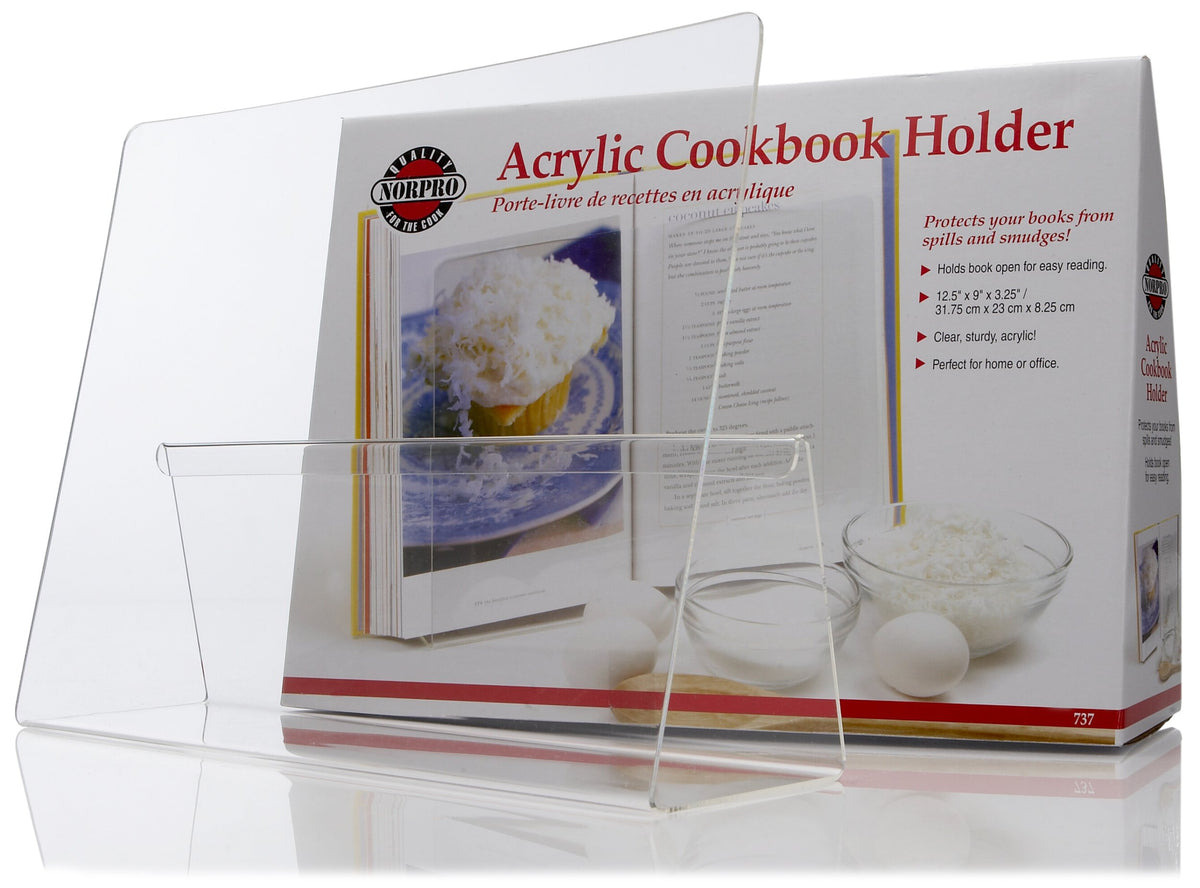 Norpro acrylic cookbook and iPad holder on counter, front view for hands-free cooking.