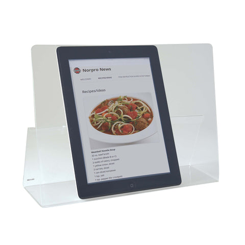 Norpro acrylic holder protects pages from splashes during cooking.