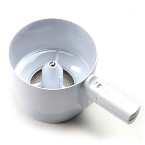 Norpro battery-operated sifter demonstrates crankless design for easy operation.