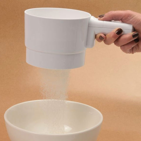 Norpro sifter highlights stainless mesh screen for fine flour sifting.