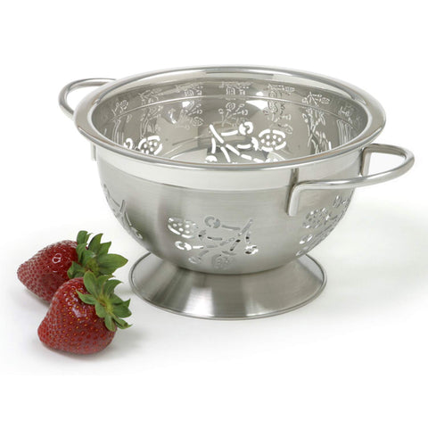 Norpro berry colander in stainless steel with a compact, space-saving design.