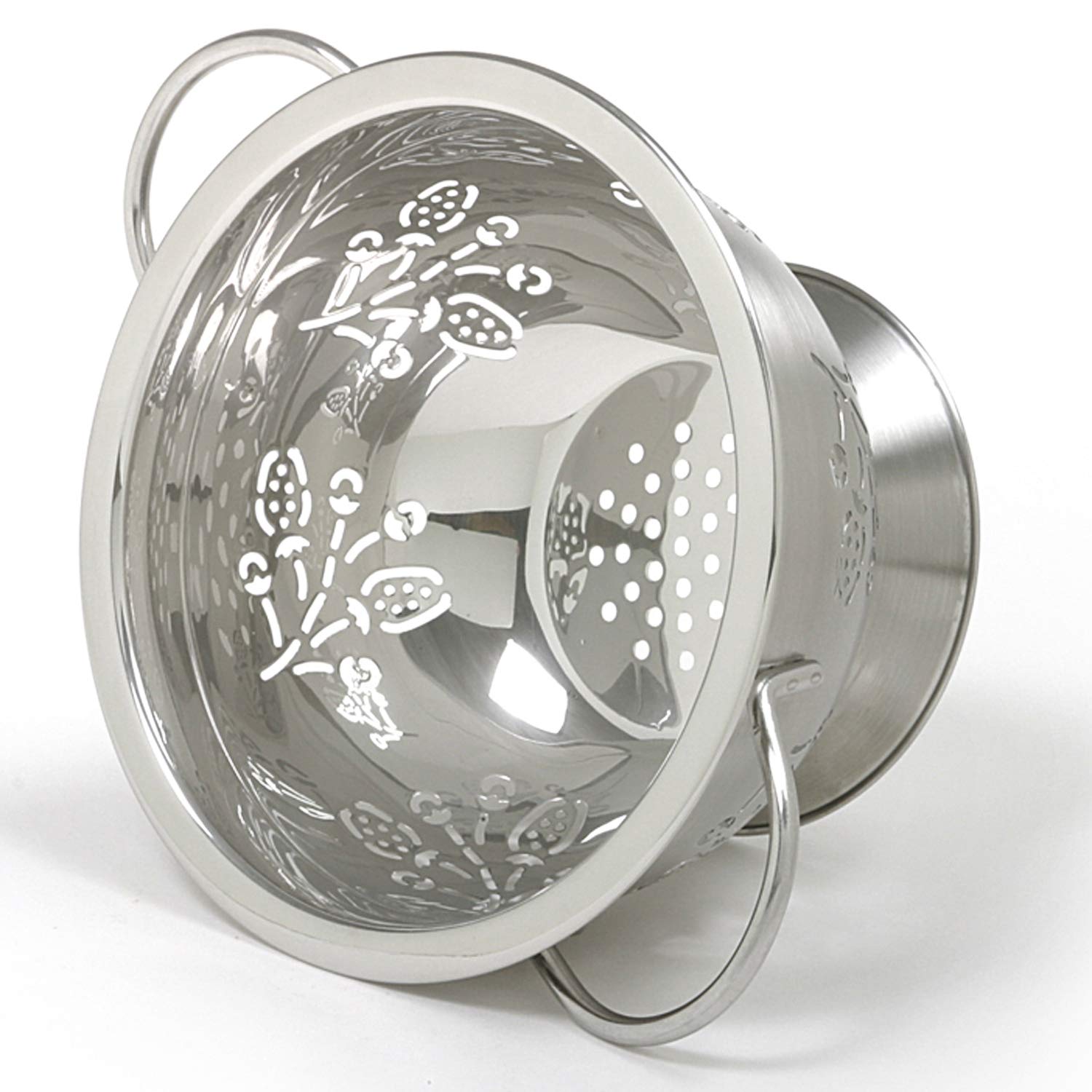 Norpro berry colander with strawberry cutouts drains berries quickly after rinsing.