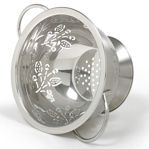 Norpro berry colander with strawberry cutouts drains berries quickly after rinsing.